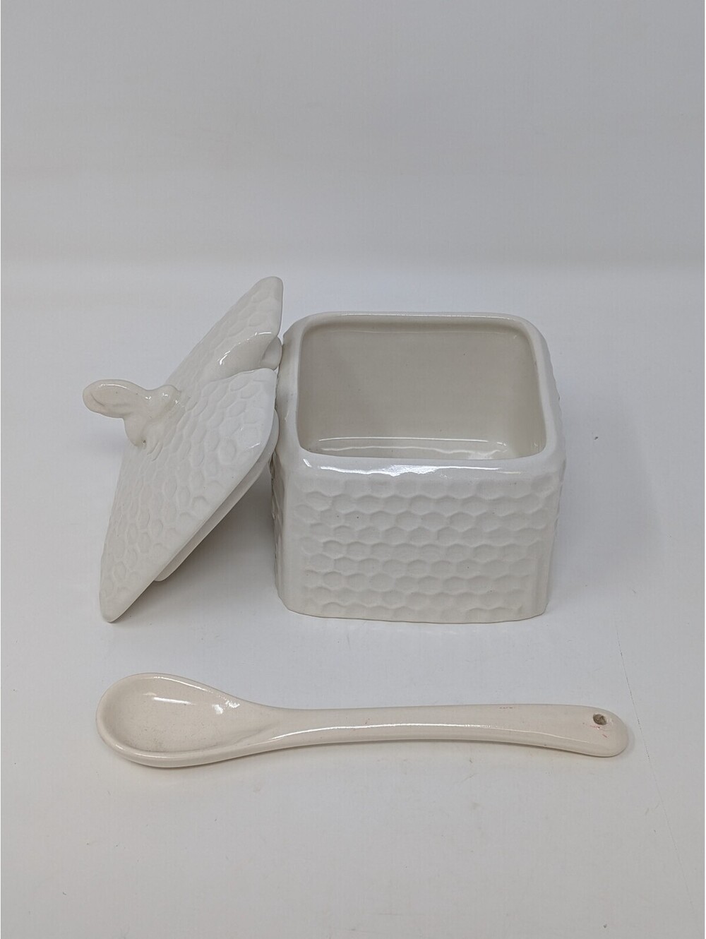 Vintage Burleigh Ironstone Honeycomb Bee Square Sugar Pot Bowl with Spoon